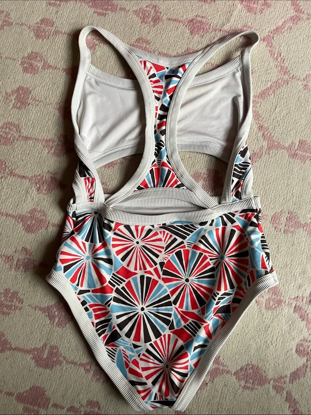 Arie Cutout One-Piece Swimsuit in Red, White, Blue & Black With Ribbed Trim Sz.